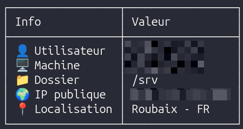 Sortie en tableau : colonnes Info et Valeur